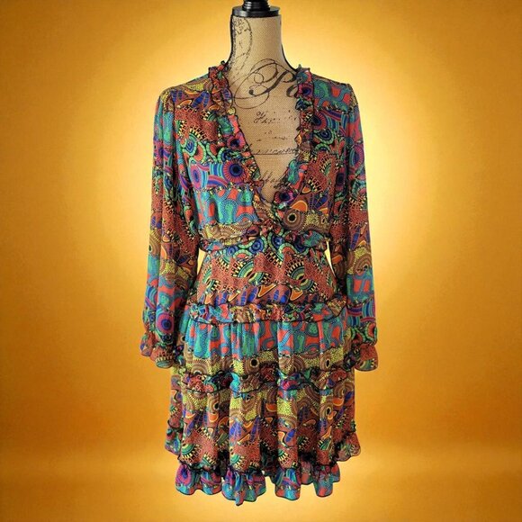 It's Bohemian Multicolor Long-Sleeve Deep V-Neck Ruffle Dress -US L - Picture 2 of 9